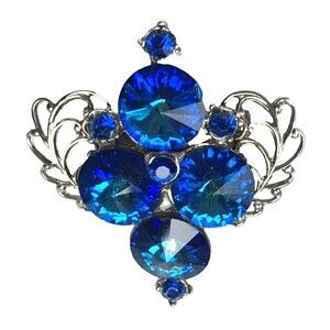 Vintage 60s Blue Rivoli Rhinestone Statement Brooch Silver Tone